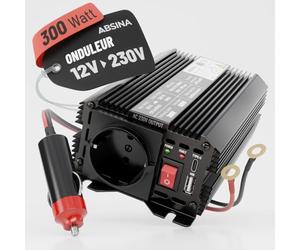 ABSINA Convertisseur 12V 220V 300W - Convertisseurs électriques pour Auto | à onde sinusoïdale modifiée - Onduleur 12V 220V 300W avec puissance de crête 600W - Convertisseur allume cigare prise