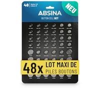 ABSINA Pack de 48 Assortiment Pile Bouton Alcalines & Lithium - 4X AG1 LR621, AG3 LR41, CR2016, CR2025 / 8X AG4 LR66, AG10 LR1130, AG13 LR44, CR2032-1,5V & 3V Pile Bouton étanches