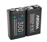 ABSINA Pile 9V Rechargeable 300 à Faible Auto-Décharge | Lot de 2 - Piles NiMH avec 8,4V & au minimum 270mAh - Batterie 9V rechargeable - Pile rectangulaire 6F22