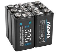 ABSINA Pile 9V Rechargeable 300 à Faible Auto-Décharge | Lot de 6 - Piles 9V NiMH avec 8,4V & au Minimum 270mAh - Batterie Rechargeable 6F22 - Pile rectangulaire