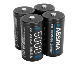 ABSINA Pile Type C Rechargeable 5000 à Faible Auto-Décharge | Lot de 4 - Pile LR14 C NiMH rechargeable avec 1,2V & au minimum 4500mAh - Piles Rechargeables C, C, C, baby C