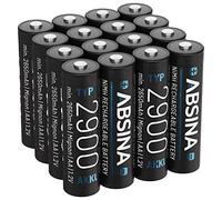 ABSINA Piles Rechargeables AA 2900 NiMH 1,2V & Min. 2650mAh | Lot de 16 - Piles AA rechargeables pour appareils à haute consommation - Pile rechargeable flash, manettes Wii & Xbox