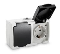 ABSINA Prise de courant de protection en saillie pour locaux humides - Prise de courant de protection en saillie double avec couvercle rabattable IP44, 250V, 16A, 2 pôles