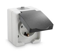 ABSINA Prise de courant de sécurité apparente pour locaux humides - Prise de courant de sécurité apparente simple avec couvercle rabattable IP44, 250V, 16A, 2 pôles