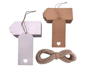 Absofine Lot de 100 étiquettes cadeaux en papier kraft avec cœur et ficelle de jute 30 m pour mariage, bricolage, étiquettes de prix