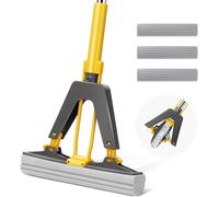 Absorbent Magic Sponge Mop with Built-In Spinner, Sponge Mop with 3 Reusable PVA Sponge Head, Mop for Floor Cleaning
