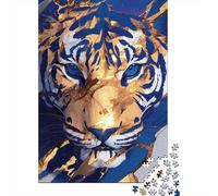 Abstract Tiger Portrait in Blue and Gold Plaque en Métal Rustique 52x38cm/1000pcs pour Le Pub Ou Le Café, Déco Métal Au Style Rustique