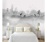 Abstraction Encre De Chine Paysage Oiseaux En Vol Arbres Cerfs Papier Peint 3d Moderne Soie Texturée Haut De Gamme IdéAl Pour Le Salon Et La Chambre à Coucher-250cm×170cm