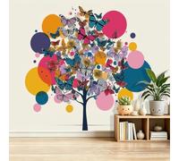 Abstrait Arbre Papillon Géométrie 250 x 175 cm Fresque Murale pour Grand Salon & Espace Commercial Adultes, Papier Peint Intissé Multicolore Panoramique Mur d'Accent, Design Moderne