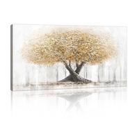 Abstrait Beige Jaune Arbres Grand Tableau Decoration Murale Avec Bois, Retro Arbres Impression Sur Toile Arbre de Vie Toile Peinture Sur Toile Maison Décoration pour Salon Chambre Cuisine 50X100cm