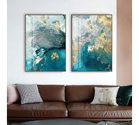 Abstrait bleu doré rendu toile peinture aquarelle affiches imprime mur art photo pour salon décoration murale 70x90cm(28x35in) x2 avec cadre