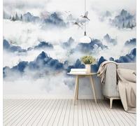 Abstrait Bleu Lavis D'Encre Sommets Montagneux Oiseaux En Vol Papier Peint 3D Installation Facile Intissé Tapisserie Bureau Salon Canapé Chambre Décoration Murale-300cm×210cm