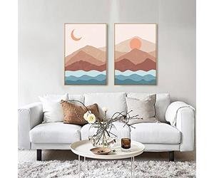 Abstrait Boho Paysage Photos Lune Soleil Affiche Et Imprimé Vintage Mur Art Nordique Forêt Toile Peinture Pour Chambre Décor 50 x 70 cmx2 Sans cadre
