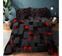 Abstrait Couette 4 Saison 220x240cm, 3D Géométrique Bloc De Couleur Réversible Matelassée Couettes Imprimée Noir Rouge Couette 2 Personnes, Douce Ensemble de Literie avec 2 Taies d'oreiller