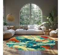 Abstrait Coup de Pinceau Motif Rond Tapis de Chambre d’Enfants en Bleu Sarcelle et Orange Lavable Non antidérapant Art Moderne Cercle Tapis de Cuisine pour Salon 150cm