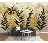 Abstrait Doré Plantes Feuilles Oiseaux En Vol Papier Peint 3d Moderne Soie Texturée Haut De Gamme IdéAl Pour Le Salon Et La Chambre à Coucher-250cm×170cm