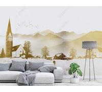 Abstrait Doré Sommets Montagneux Village Oiseaux En Vol Papier Peint 3D Installation Facile Intissé Tapisserie Bureau Salon Canapé Chambre Décoration Murale-250cm×170cm