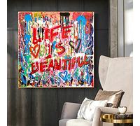 Abstrait Graffiti Art Love Life Is Beautiful Toile Peinture Moderne Street Art Affiches et Impressions Mur Photos Café Bureau Décor 60x60cm cadre intérieur