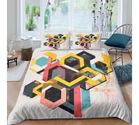Abstrait Hexagon Art Housse de Couette Imprimé en 3D Microfibre résistante 3 pièces Moderne géométrique Ensemble De Literie avec Fermeture Éclair Douce for Adolescent Single（140x200cm）
