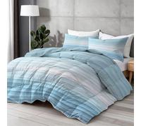 Abstrait Horizontal Rayures Dégradé Printed Comforter Set, All-Season Alternative Duvet Insert, Bleu Clair Blanc Soft Quilted Bedding for Bedroom Decor, Comforter for Summer AC & Winter 135×200 cm