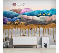 Abstrait Montagnes Colorées Lever De Soleil Élan Oiseaux Volants Papier Peint 3D Installation Facile Intissé Tapisserie Bureau Salon Canapé Chambre Décoration Murale-400cm×280cm