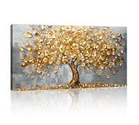 Abstrait Or Fleur Fleur Arbre Cadre en Bois Grande Impression sur Toile Gris or Fortune Arbre Image sur Toile Peintures Moderne Mural Tableau Decor Murale Salon Chambre prêt à accrocher 50x100cm