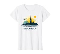 Abstrait Stockholm City Hall Formes géométriques T-Shirt Graphique avec Valeur, Femme, Blanc, M
