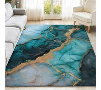 Abstrait Tapis Salon 80 x 150 cm Cyan Marbre Feuille d'or Chambre AntidéRapant Lavable en Machine Doux Carpet Salle a Manger Descente de Lit Chambre Adulte Poil Ras Tapis