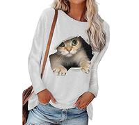Abtel T-shirt à manches longues pour femme avec impression 3D de chat - Pull décontracté à col rond - T-shirt basique à manches longues - Automne ample, 6 # blanc, L