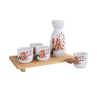 ABuff Service à saké japonais, 1 bouteille Tokkuri et 4 tasses Ochoko avec plateau en bambou, service à saké en céramique fleur d'oranger - Passe au micro-ondes et au lave-vaisselle