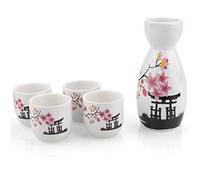 Abuff Service à saké japonais, 1 bouteille Tokkuri et 4 tasses Ochoko, service à saké en céramique avec fleurs printanières, passe au micro-ondes et au lave-vaisselle