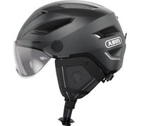 ABUS Casque de ville Pedelec 2.0 ACE - casque de vélo avec feu arrière, visière, bonnet de pluie, protection des oreilles - pour femmes et hommes - gris foncé, , taille L (56-62 cm)
