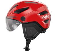 ABUS Casque de ville Pedelec 2.0 ACE - casque de vélo avec feu arrière, visière, bonnet de pluie, protection des oreilles - pour femmes et hommes - rouge, , taille L (56-62 cm)