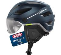 ABUS Casque de ville Pedelec 2.0 ACE - casque de vélo avec feu arrière, visière, bonnet de pluie, protection des oreilles - pour femmes et hommes - bleu foncé mat, taille S