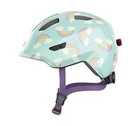 ABUS Casque pour enfants Smiley 3.0 LED - Casque de vélo avec lumière - ajustement profond & place pour une tresse - pour filles et garçons - bleu clair avec motif arc-en-ciel, taille M