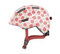 ABUS Casque pour enfants Smiley 3.0 LED - Casque de vélo avec lumière - ajustement profond & place pour une tresse - pour filles et garçons - Rose avec motif de fraise, taille M