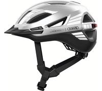 ABUS Casque urbain Urban-I 4.0 ACE - Casque de vélo avec feu arrière rechargeable, 4 modes d'éclairage, visière, et fermeture magnétique - pour adolescents, femmes et hommes - taille M, argent