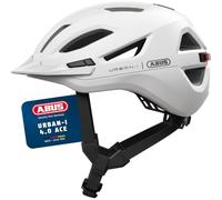 ABUS Casque urbain Urban-I 4.0 ACE - Casque de vélo avec feu arrière rechargeable, 4 modes d'éclairage, visière, et fermeture magnétique - pour adolescents, femmes et hommes - taille S, blanc