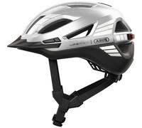 ABUS Casque de ville Urban-I 4.0 ACE - Casque de vélo avec feu arrière rechargeable, 4 modes d'éclairage, visière, et fermeture magnétique - pour adolescents, femmes et hommes - taille L, argent