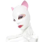ABWL Masque en latex blanc avec oreilles de chat, masques à capuche en caoutchouc faits à la main pour club en latex, taille M