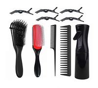 ABWXN Kit de brosse à cheveux pour cheveux bouclés avec brosse démêlante, 9 rangées, peigne à dents larges, peigne à queue, flacon pulvérisateur et pinces à cheveux, pour femmes, hommes, enfants