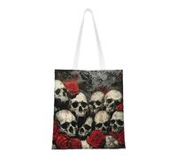 ABYchdd Sac fourre-tout en toile polyester imprimé tête de mort et rose rouge, idéal pour les cadeaux et les courses quotidiennes