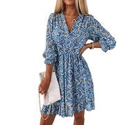 ABYOVRT Robe Ete Femme Manches Courtes Bohème Col V Florale Courte Taille Haute Mini Robe,Bleu,XL