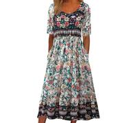 ABYOVRT Robe Longue Femme Col Round Robe à Manches Courtes Boho Décontractée Imprimé Floral Vacances Maxi Ete Robe Chic et Elegant Casual Dress avec Deux Poches,M