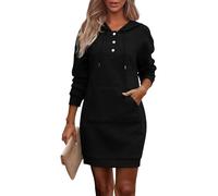 ABYOVRT Robe Sweat à Capuche Femme Manches Longues Robe Pull décontractée en Tissu Gaufré avec Poche et Boutons,Noir,M