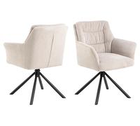 AC Design Furniture Elliot Chaise de salle à manger avec accoudoirs, tissu beige, structure 4 étoiles, structure en acier revêtu par pulvérisation, noir mat, rugueux, avec fonction rotative, surpiqûre