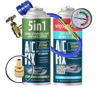 AC FIX 5-en-1 - R1234yf + 2 en 1 + tuyau + adaptateur Réfrigérant pour climatisation automobile avec huile, produit d'étanchéité, colorant UV, dessiccant - Protège le compresseur