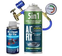 AC FIX 5-en-1 - R134a + Tuyau + Désodorisant, 435 g Réfrigérant pour climatisation automobile avec huile, produit d'étanchéité, colorant UV, dessiccant - Application rapide - Protège le compresseur