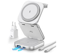 AC Island Chargeur Induction iPhone Compatible avec Mag-Safe, 5 en 1 Chargeur Rapide sans Fil pour séries iPhone 17/16/15/14/13/12, Apple Watch, AirPods, Station de Chargeur Pliable (Argent)
