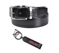 AC Milan Ensemble cadeau Premium, ceinture en cuir noir avec boucle chromée et porte-clés, logo en relief, unisexe adulte, largeur 3,5 cm